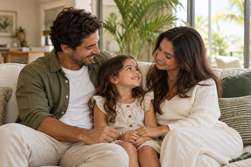 Pai, mãe e filha sorrindo juntos no sofá de casa (imagem ilustrativa).